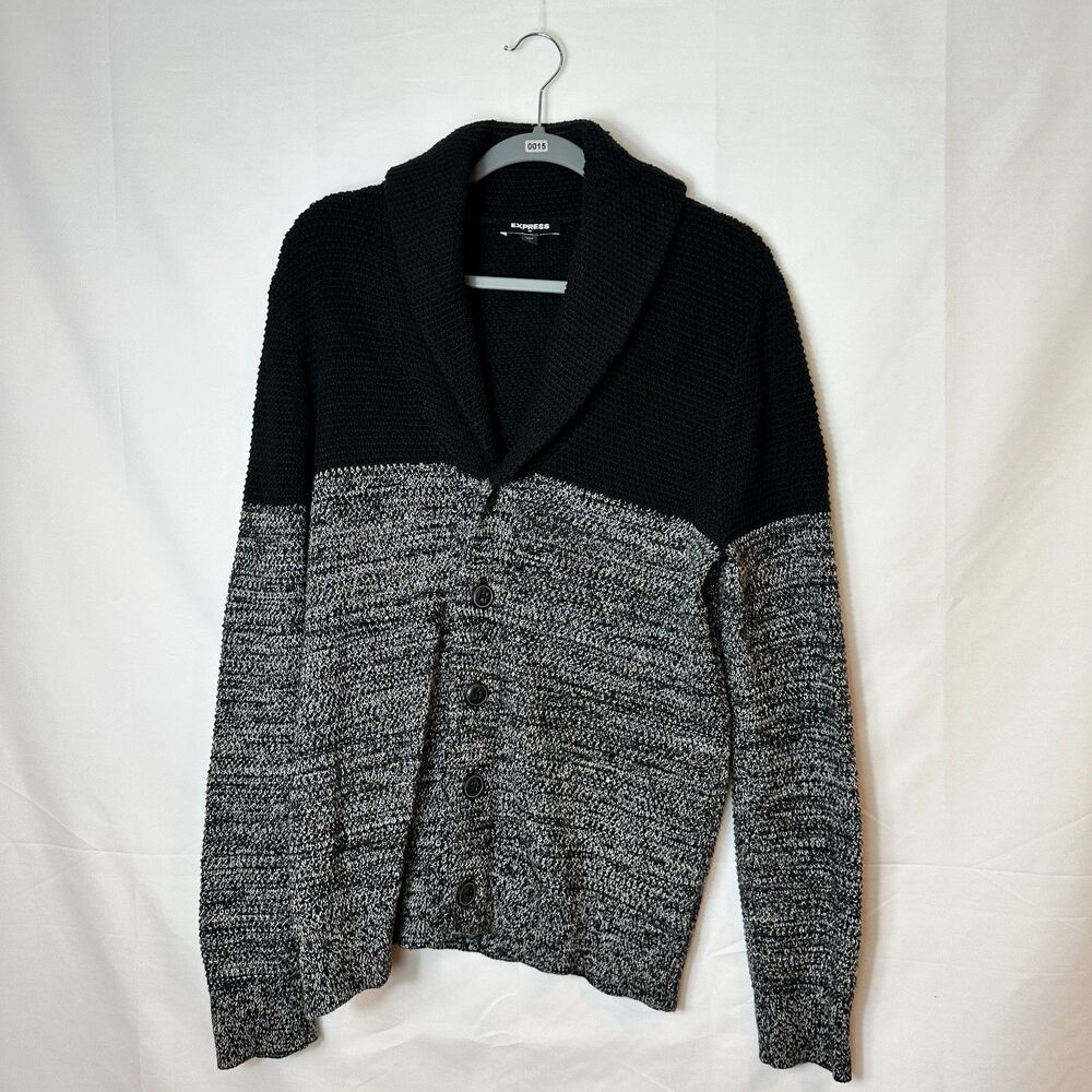 Express Men's Medium Shawl Collar Cardigan Black Grey Marled Knit Button Up